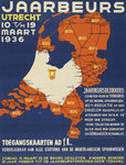 700037 Affiche van de 34e Jaarbeurs te Utrecht met een spoorkaart van Nederland en het gebied op een afstand van 80 km. ...
